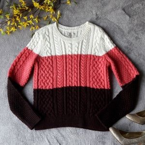 LOFT Pink & Maroon Cable Knit Wool Sweater